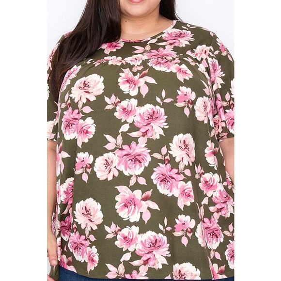 062 Curvy Lovey Shirred Flower Print Tunic Top in Olive - Picture 4 of 5